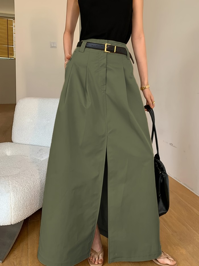💫Old-Money Solid Midi Skirt | Mid-Rise Front-Slit Pocketed Commute Casual