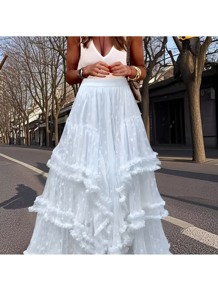 🤍French Layered Ruffle A-Line Maxi Skirt | Contrast Lace Breathable Spring Summer Autumn