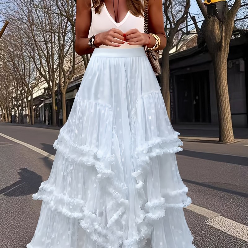 🤍French Layered Ruffle A-Line Maxi Skirt | Contrast Lace Breathable Spring Summer Autumn