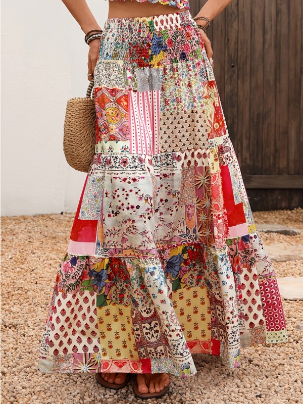 🌸Boho Floral Ruffle Maxi Dress | High Waist Patchwork Summer Vacation Style