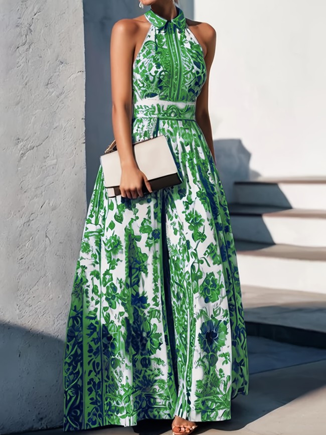 🏺Porcelain Print Halter A-Line Dress | Elegant French Spring Summer