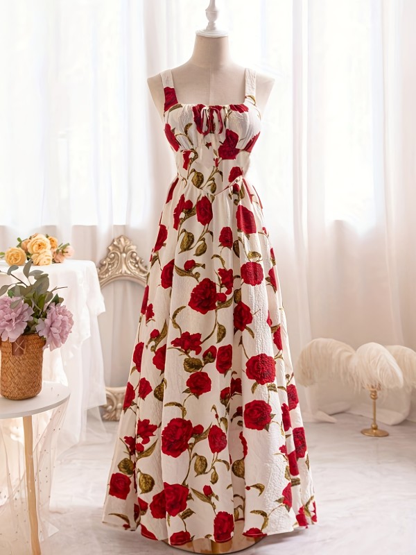 🌹Plus Size Rose Print Boho Maxi Dress | Square Neck Ruffle Pleated Summer Style