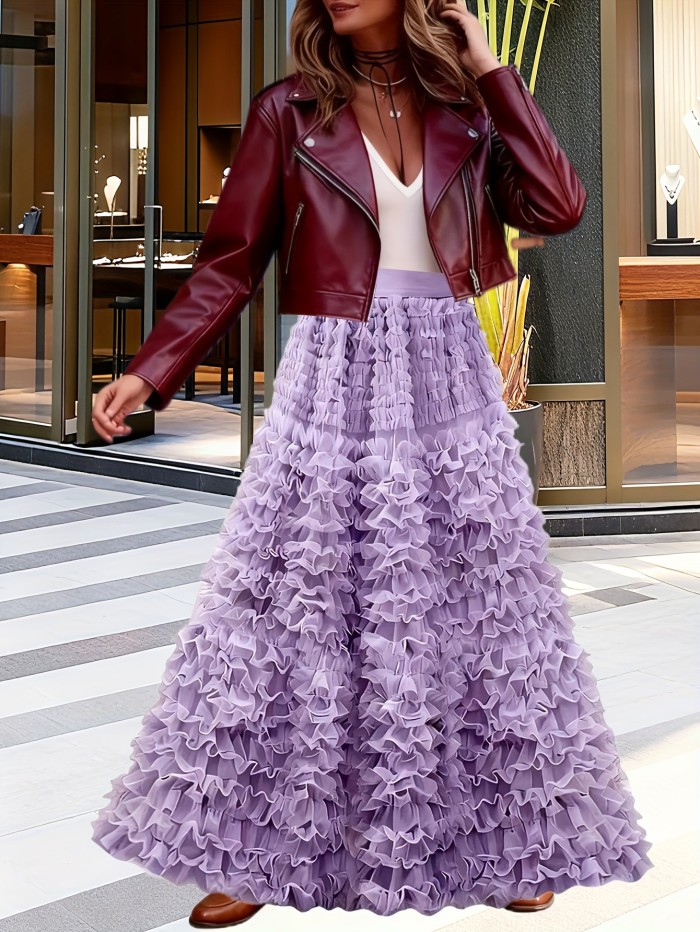 💜Lavender Ruffle Tulle Dress | Cinched Belt Fluffy Wedding Guest Gown
