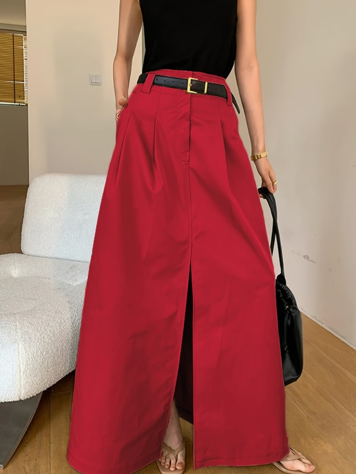 💫Old-Money Solid Midi Skirt | Mid-Rise Front-Slit Pocketed Commute Casual