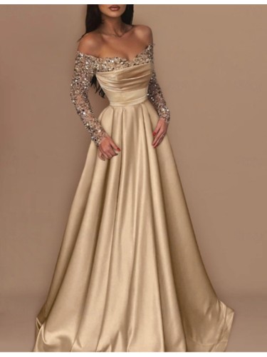 👑Sequin Off-Shoulder Bodycon Evening Gown | Long Sleeve Banquet Queen Style