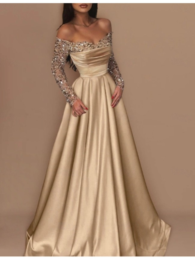 👑Sequin Off-Shoulder Bodycon Evening Gown | Long Sleeve Banquet Queen Style