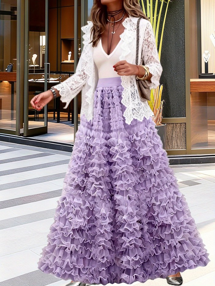 💜Lavender Ruffle Tulle Dress | Cinched Belt Fluffy Wedding Guest Gown