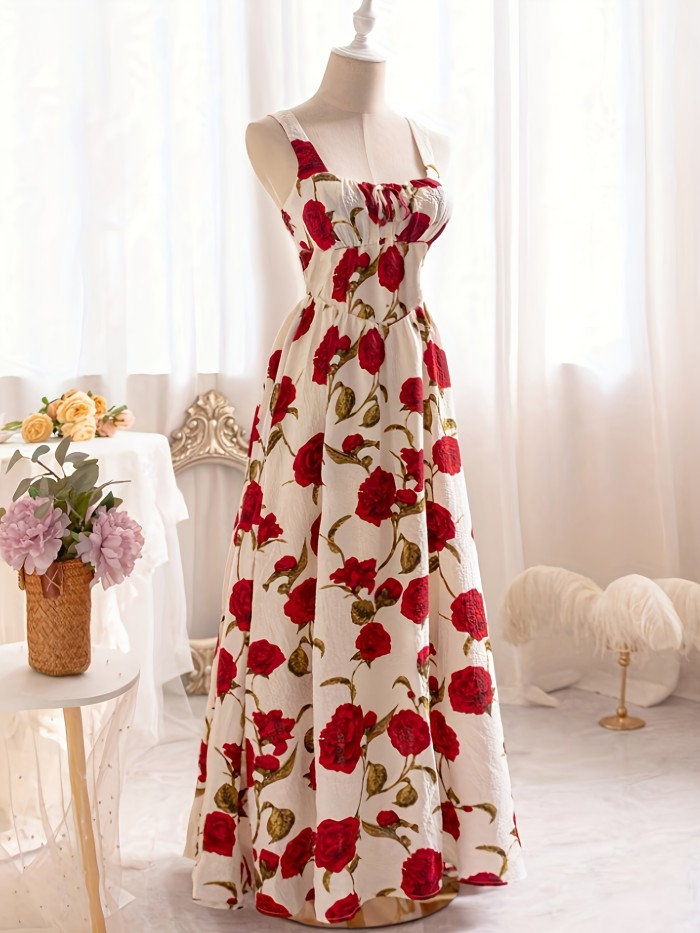 🌹Plus Size Rose Print Boho Maxi Dress | Square Neck Ruffle Pleated Summer Style