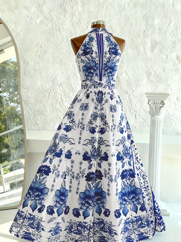 🏺Porcelain Print Halter A-Line Dress | Elegant French Spring Summer