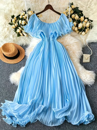 Plus Size, Off-shoulder Chiffon Sleeveless Elegant Vintage Pleated Dress