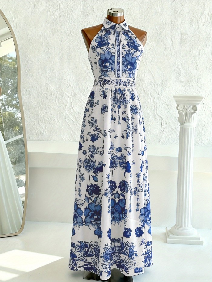 🏺Porcelain Print Halter A-Line Dress | Elegant French Spring Summer