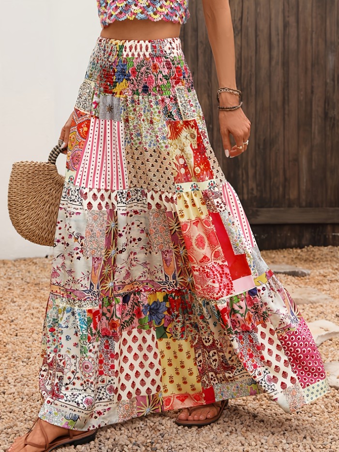🌸Boho Floral Ruffle Maxi Dress | High Waist Patchwork Summer Vacation Style