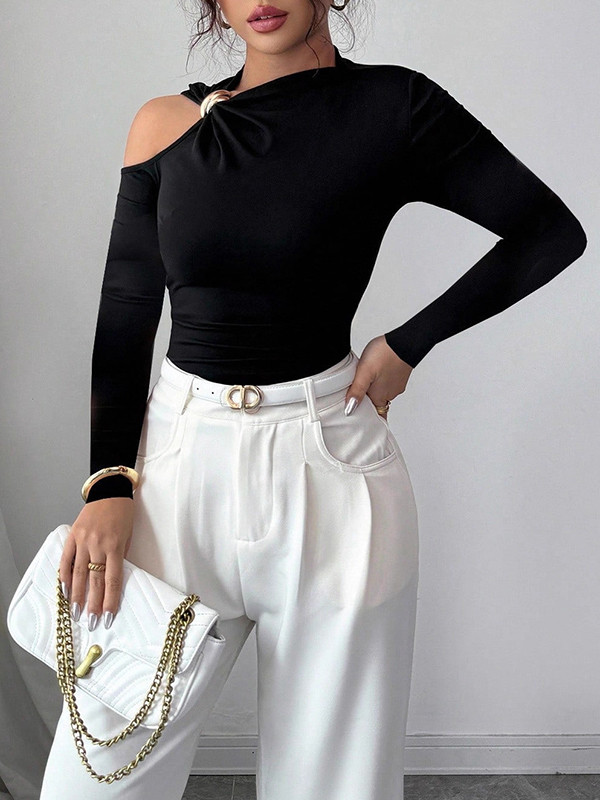 Solid Color Asymmetric Skinny Long Sleeves Asymmetric Neckline T-Shirts
