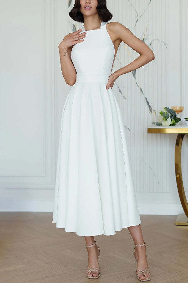 Solid Color Halter Neck Bow Tie Elegant Waist-cinching Midi Dress