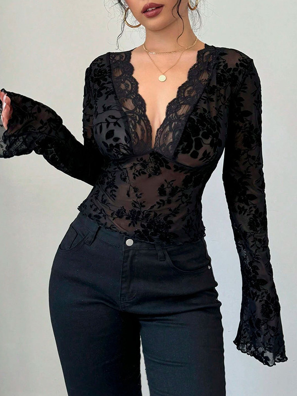 Solid Color Skinny Long Sleeves Deep V-Neck T-Shirts