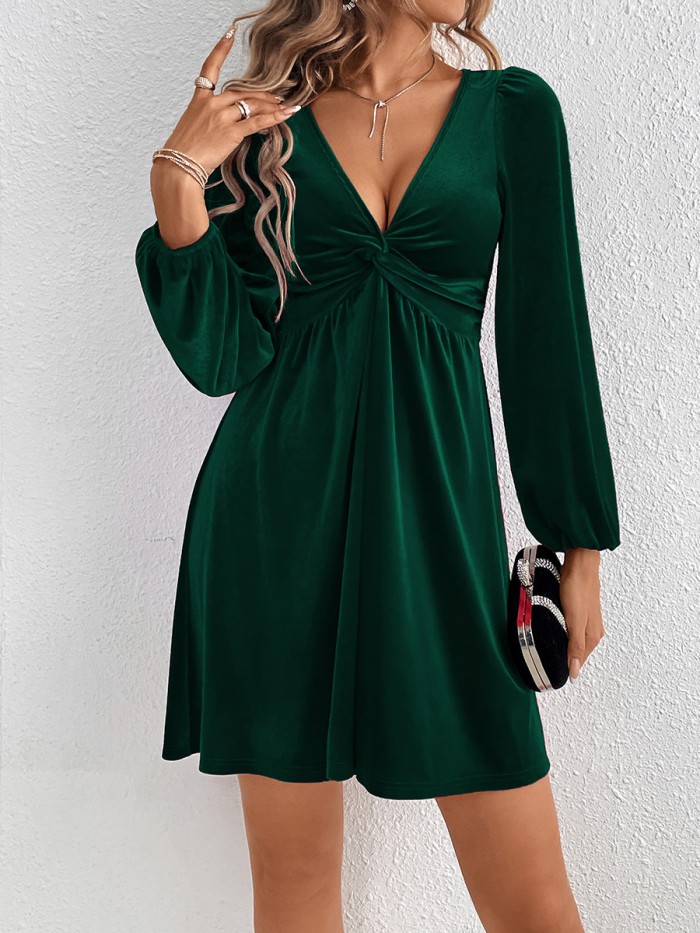 Velvet Split-Joint Solid Color Pleated Knot Puff Sleeves Long Sleeves Deep V-Neck Mini Dresses