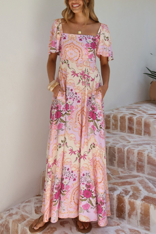 Plant Print Short-sleeved Square Neck Casual Pocket Holiday Midi Dress