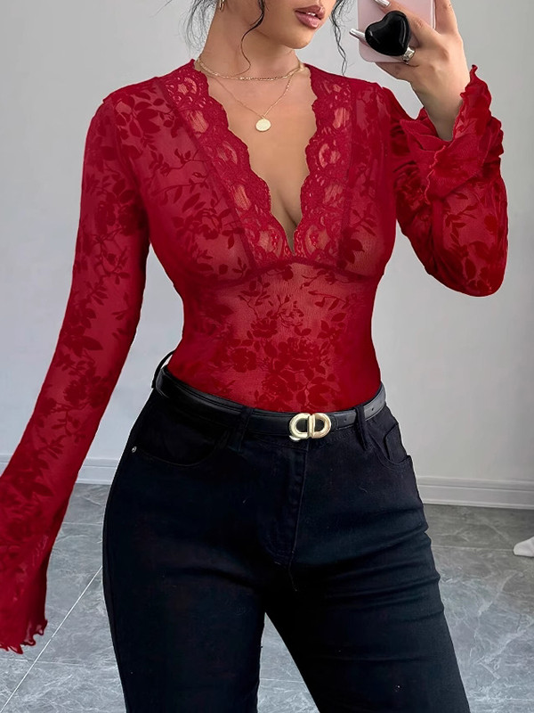 Solid Color Skinny Long Sleeves Deep V-Neck T-Shirts