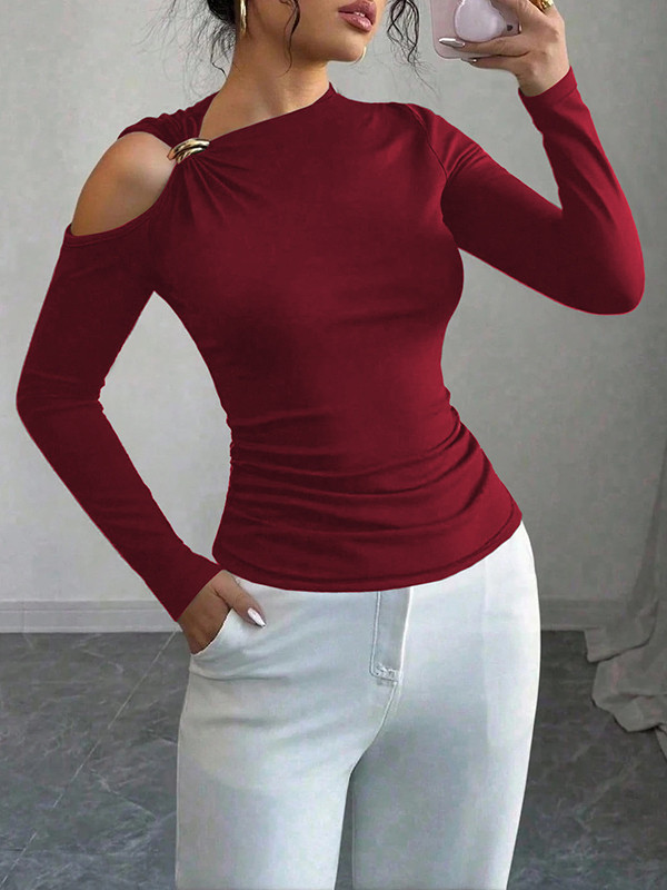 Solid Color Asymmetric Skinny Long Sleeves Asymmetric Neckline T-Shirts