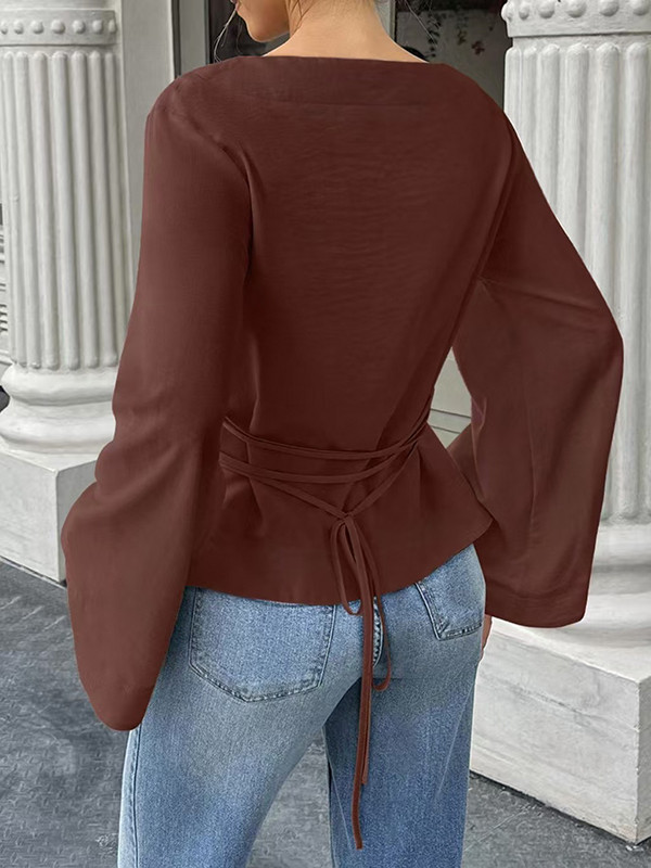 Tied Waist Split-Joint Solid Color Skinny Long Sleeves Round-Neck T-Shirts Tops