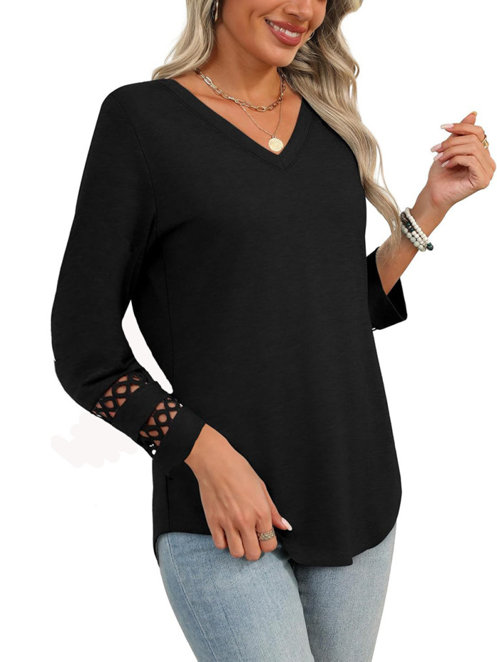 Split-Joint Solid Color Hollow Loose Long Sleeves V-Neck T-Shirts Tops
