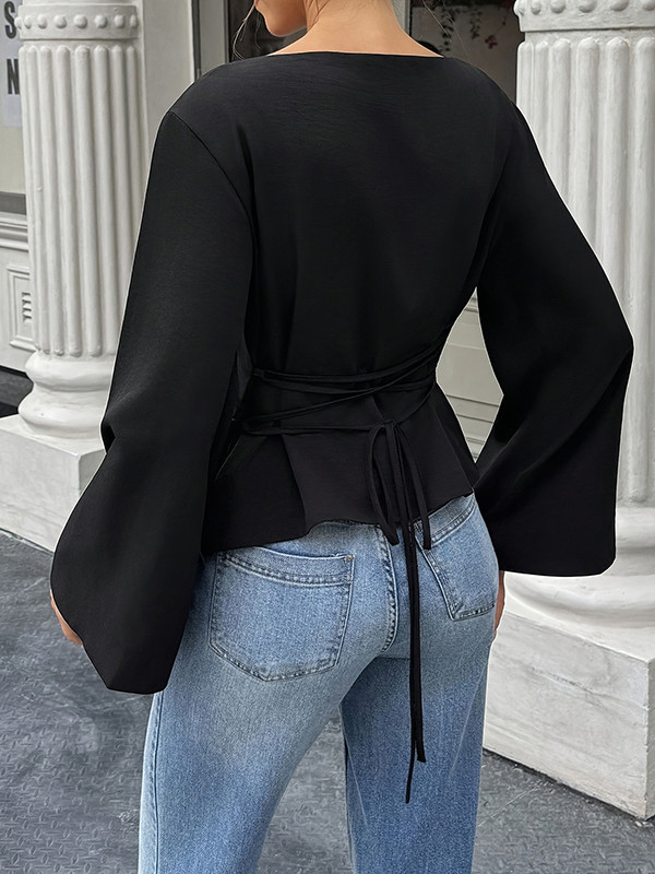 Tied Waist Split-Joint Solid Color Skinny Long Sleeves Round-Neck T-Shirts Tops