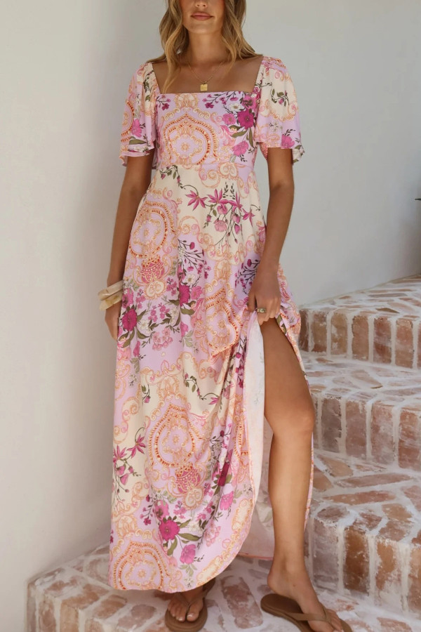 Plant Print Short-sleeved Square Neck Casual Pocket Holiday Midi Dress
