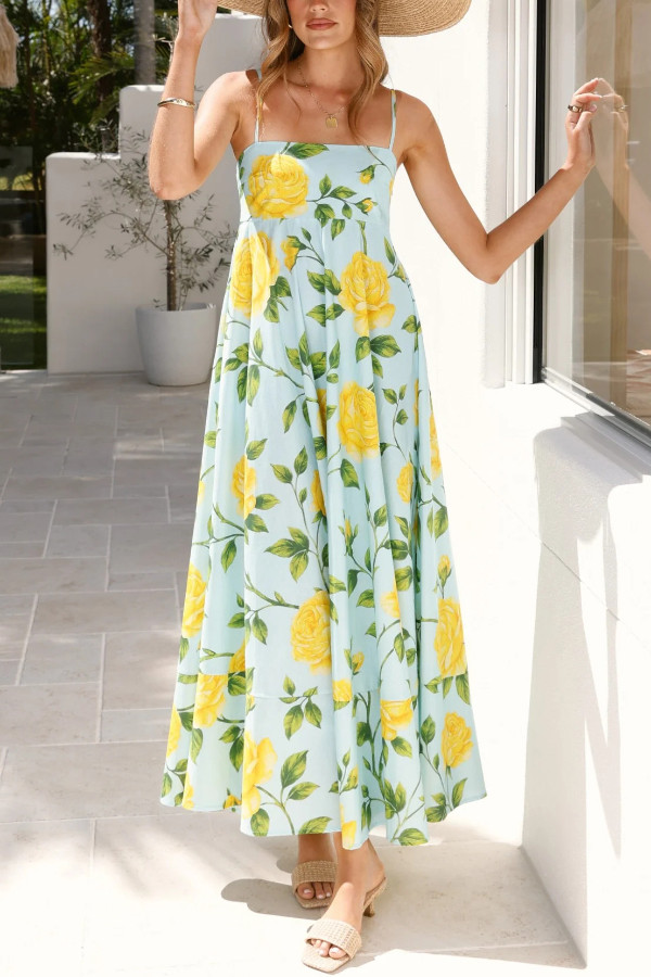 Floral Print Square Neck Sleeveless Casual Vacation Maxi Dress