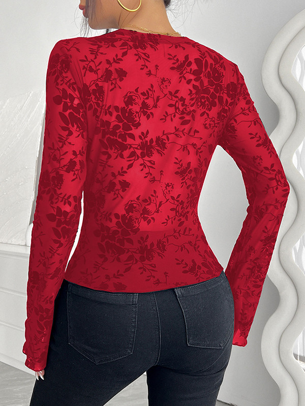 Solid Color Skinny Long Sleeves Deep V-Neck T-Shirts