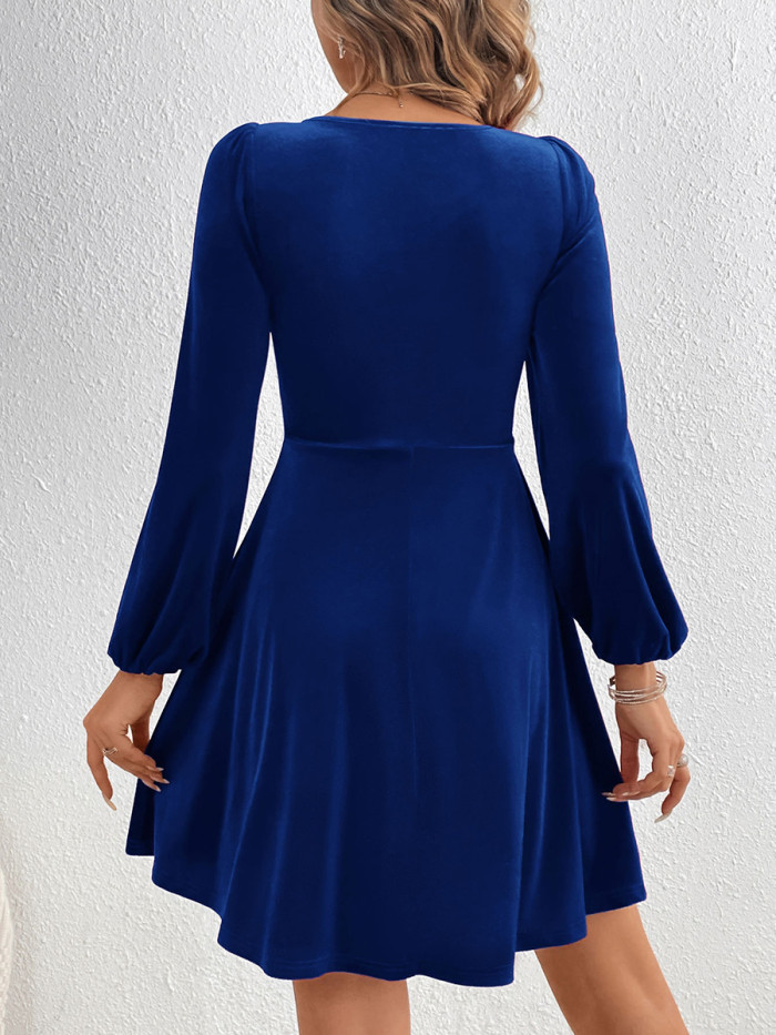 Velvet Split-Joint Solid Color Pleated Knot Puff Sleeves Long Sleeves Deep V-Neck Mini Dresses