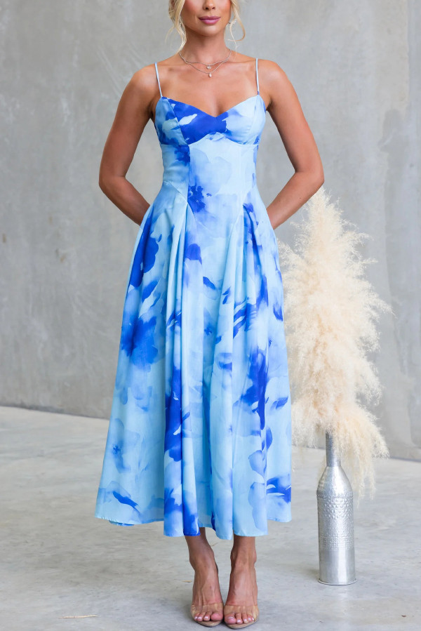 Floral Print Spaghetti Strap Backless Holiday Maxi Dress