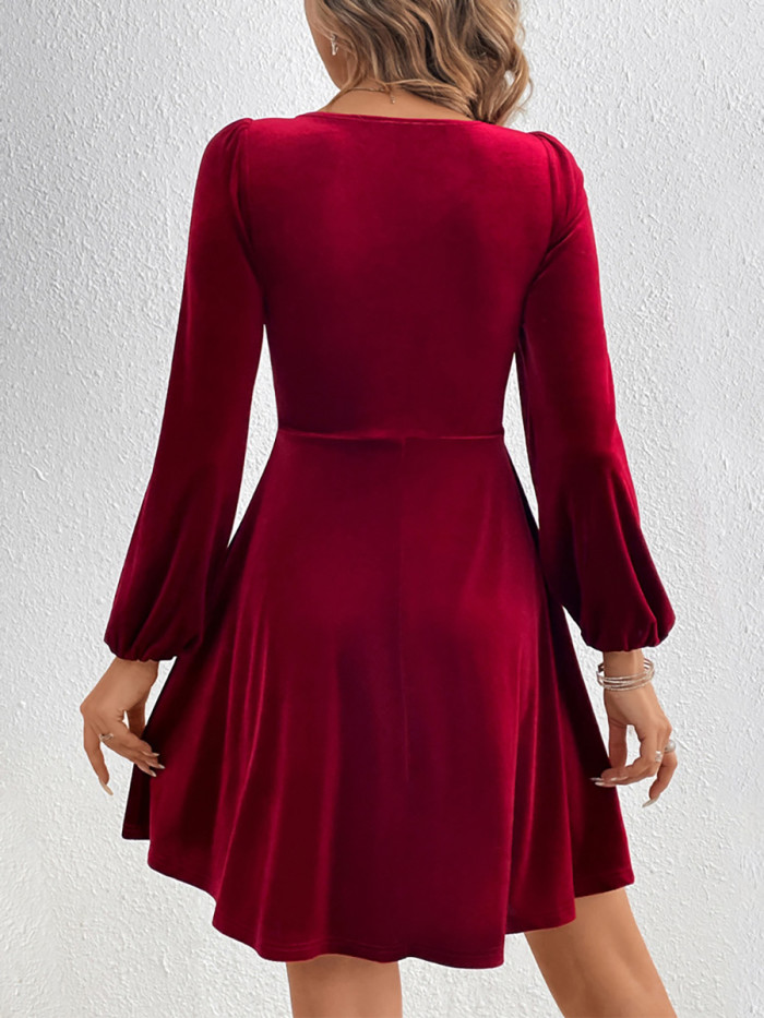 Velvet Split-Joint Solid Color Pleated Knot Puff Sleeves Long Sleeves Deep V-Neck Mini Dresses