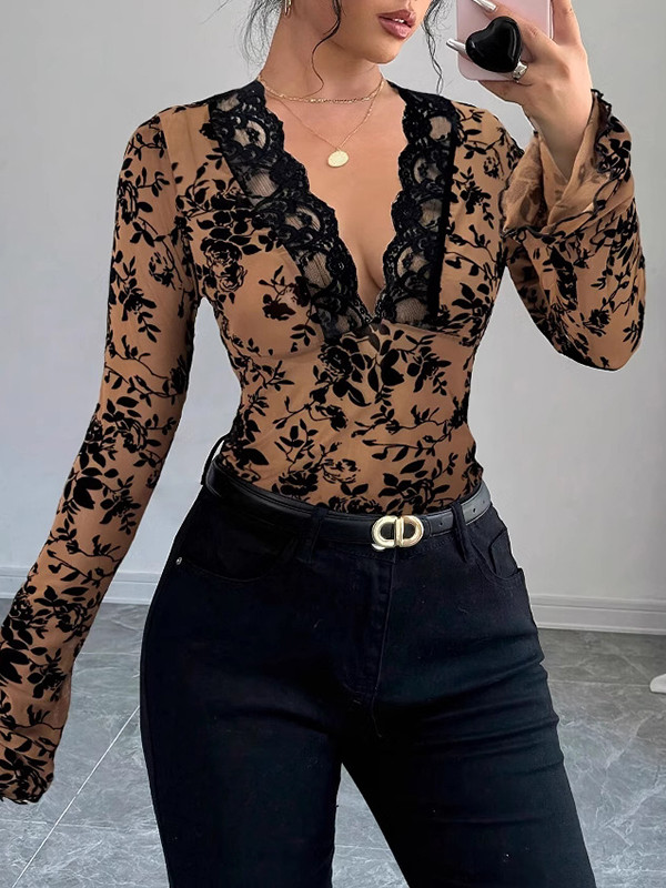 Solid Color Skinny Long Sleeves Deep V-Neck T-Shirts