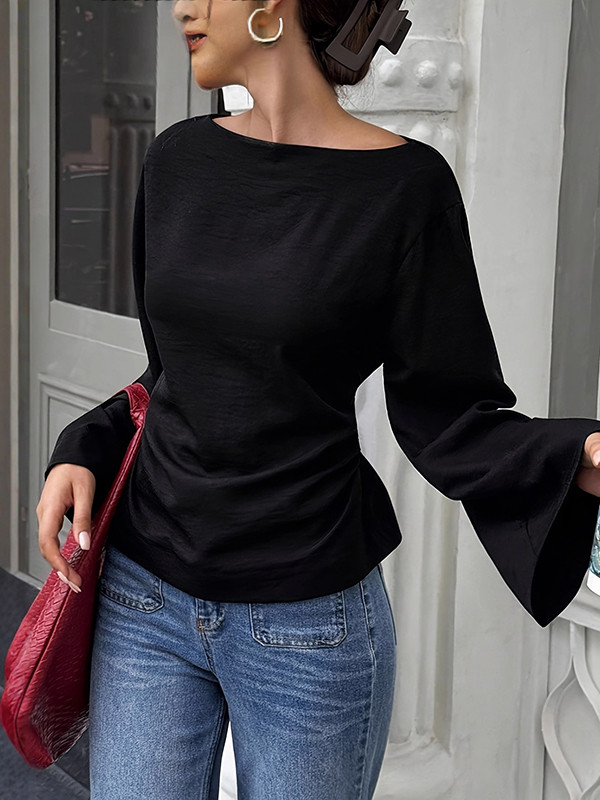 Tied Waist Split-Joint Solid Color Skinny Long Sleeves Round-Neck T-Shirts Tops