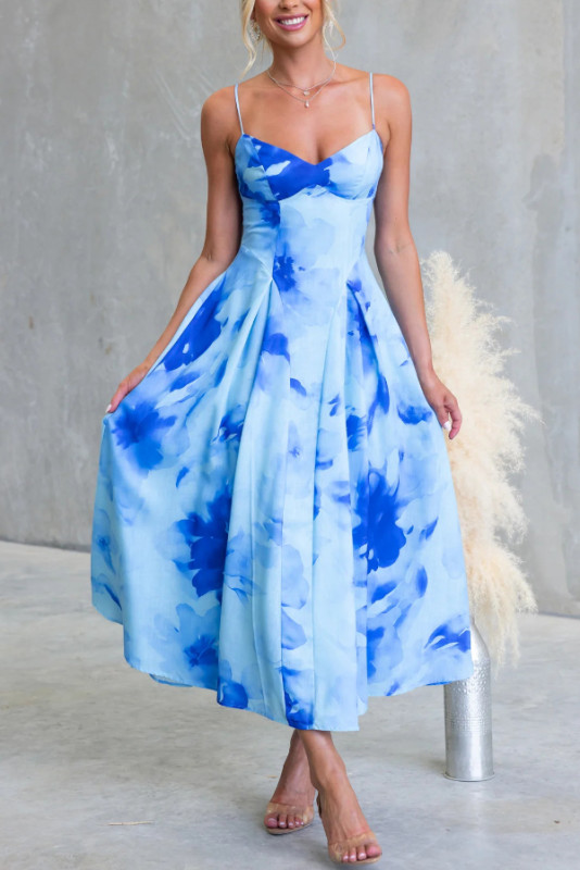 Floral Print Spaghetti Strap Backless Holiday Maxi Dress