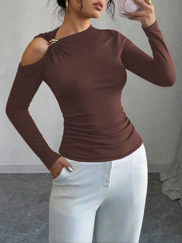 Solid Color Asymmetric Skinny Long Sleeves Asymmetric Neckline T-Shirts
