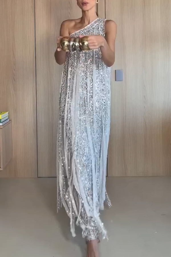 Holiday Muse Sequined Slit Tassels One Shoulder H-line Maxi Dress