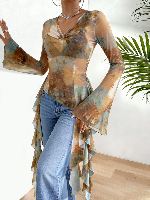 Sheer Tie-Dye V-Neck Bell Sleeve Blouse | Slim Fit Asymmetrical Summer Top