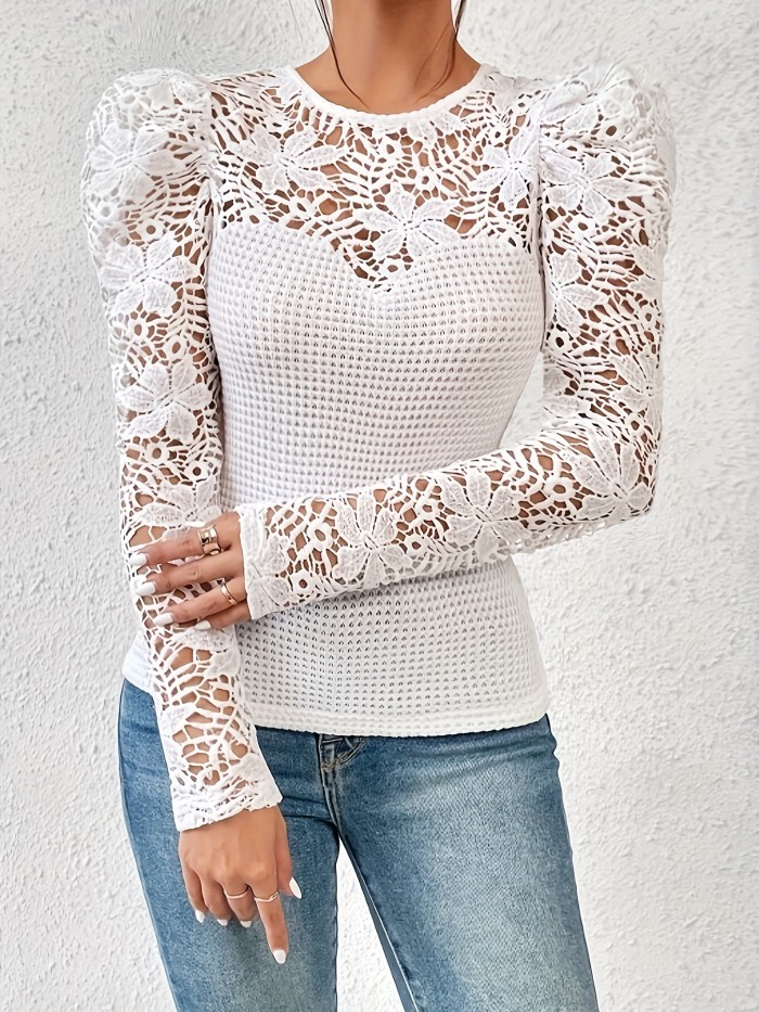 Versatile Semi-Sheer Lace-Trim Long Sleeve Blouse | Elegant Spring Fall Top
