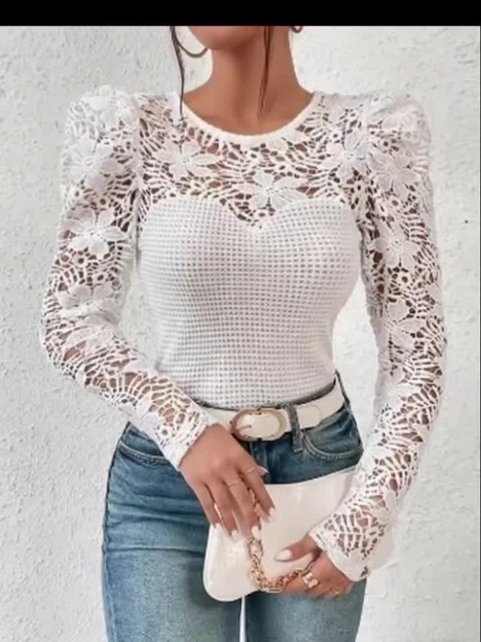 Versatile Semi-Sheer Lace-Trim Long Sleeve Blouse | Elegant Spring Fall Top