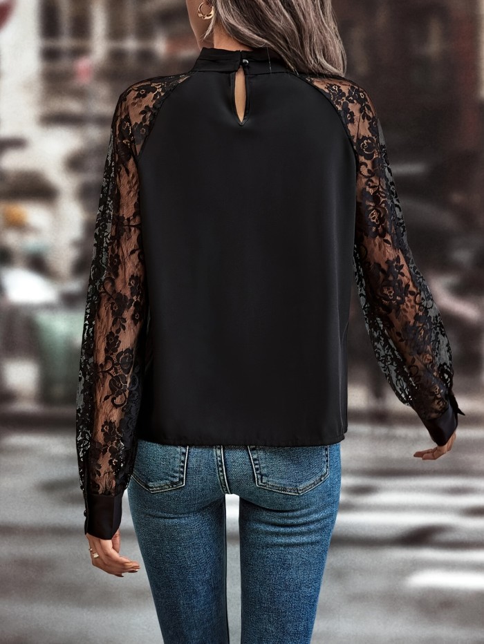 Elegant Special Keyhole Neckline Contrast Lace Raglan Sleeve Shirt