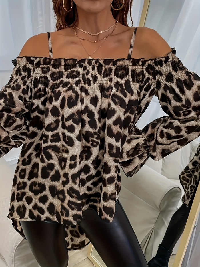 Leopard Print Off-Shoulder Long Sleeve Blouse | Elegant High-Low Hem Top