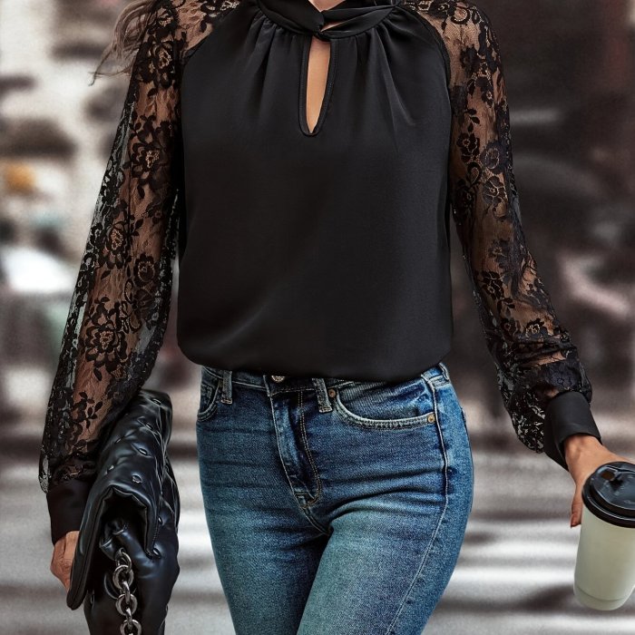 Elegant Special Keyhole Neckline Contrast Lace Raglan Sleeve Shirt