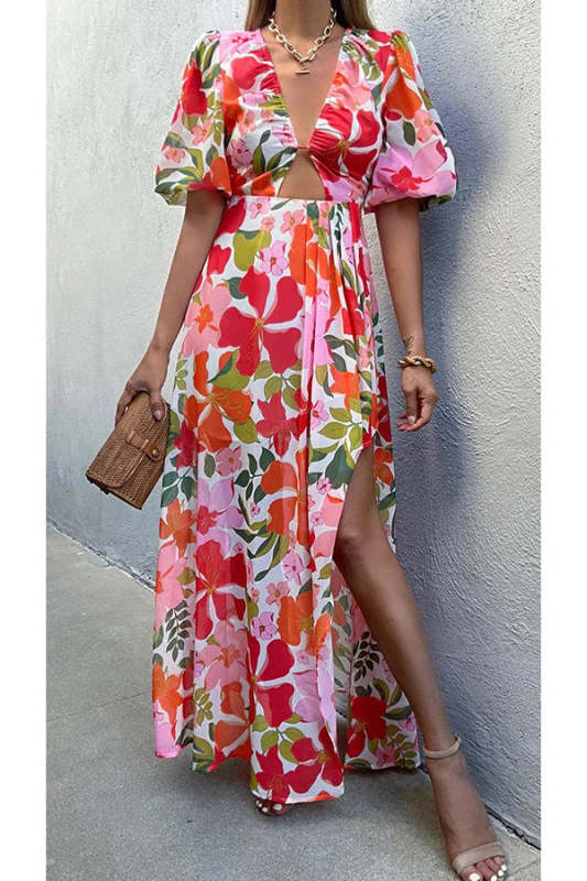Del Mare Floral Puff Sleeve Front Cutout High Low Maxi Dress