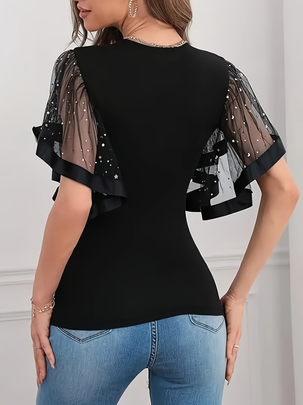 Elegant Women'S Black T-Shirt with Shiny Butterfly Sleeves And Mesh Details