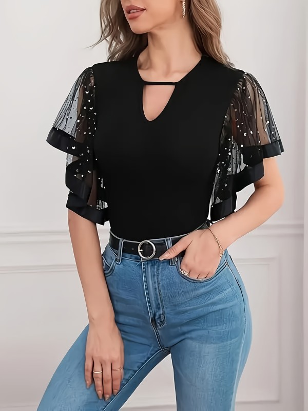 Elegant Women'S Black T-Shirt with Shiny Butterfly Sleeves And Mesh Details