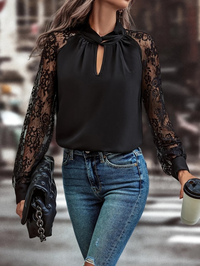 Elegant Special Keyhole Neckline Contrast Lace Raglan Sleeve Shirt