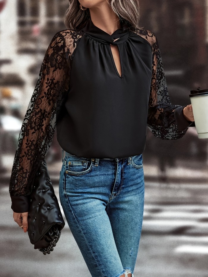 Elegant Special Keyhole Neckline Contrast Lace Raglan Sleeve Shirt
