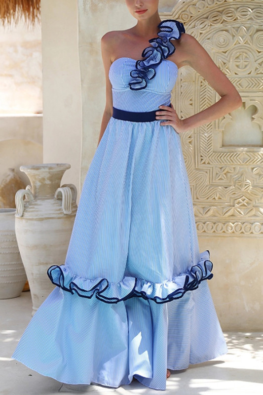 Striped Print Elegant Ruffle Trim Vacation Maxi Skirt