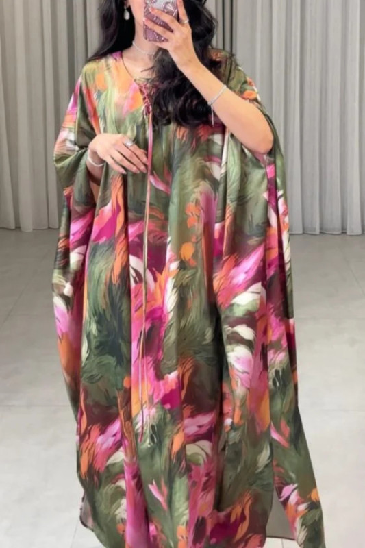 Unique Printed Loose V-Neck Kaftan Robe Maxi Dress
